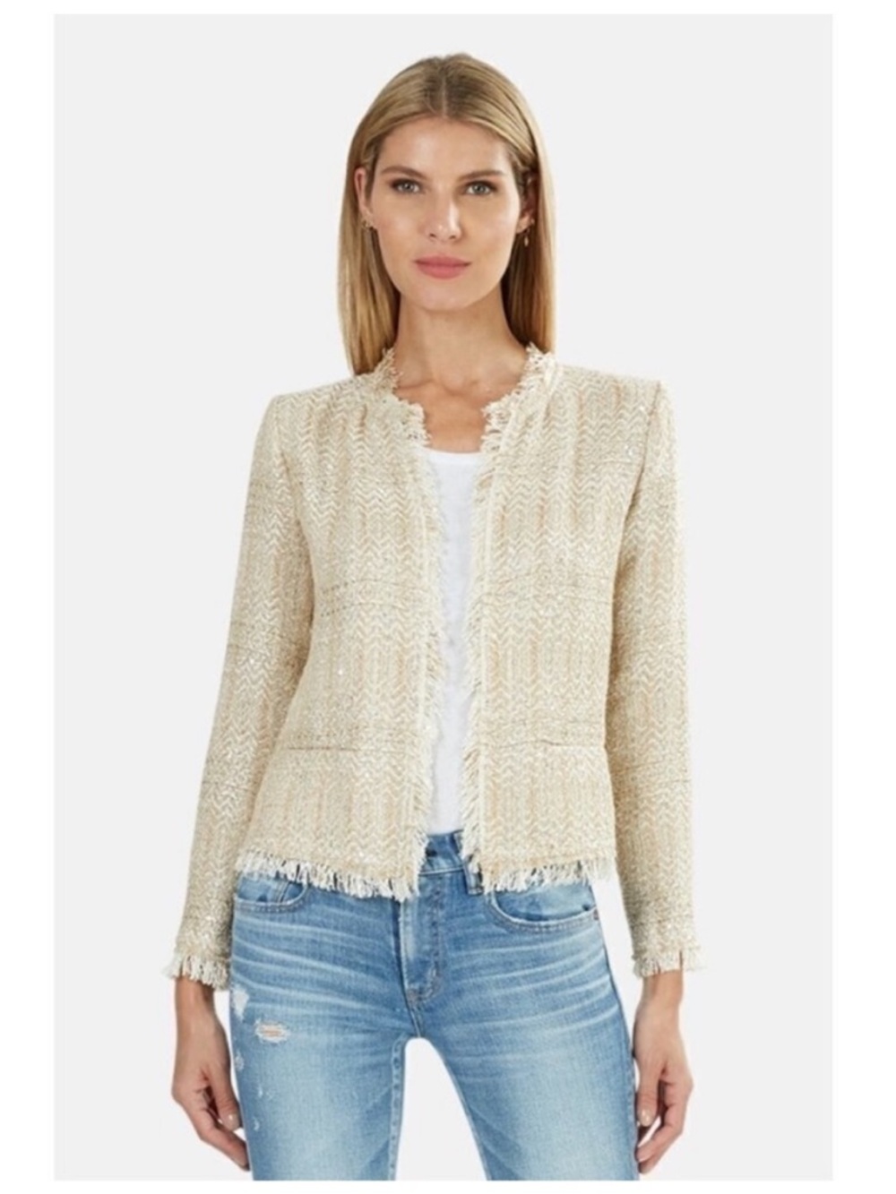 IRO Sparkle Cream Fringe-Trim Tweed Jacket